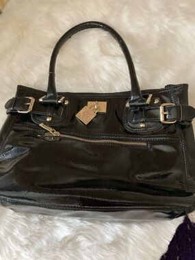 Anne Klein Black Patent Satchel with Gold Hardware
